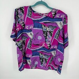 Vintage‎ 80s Silk Blouse Purple Flowy Loose Fit Sz XL Bold Colorful Career